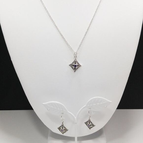 Marcasite Silver Plate Purple Rhinestone Necklace & Earrings, Made in Thailand - Picture 5 of 11